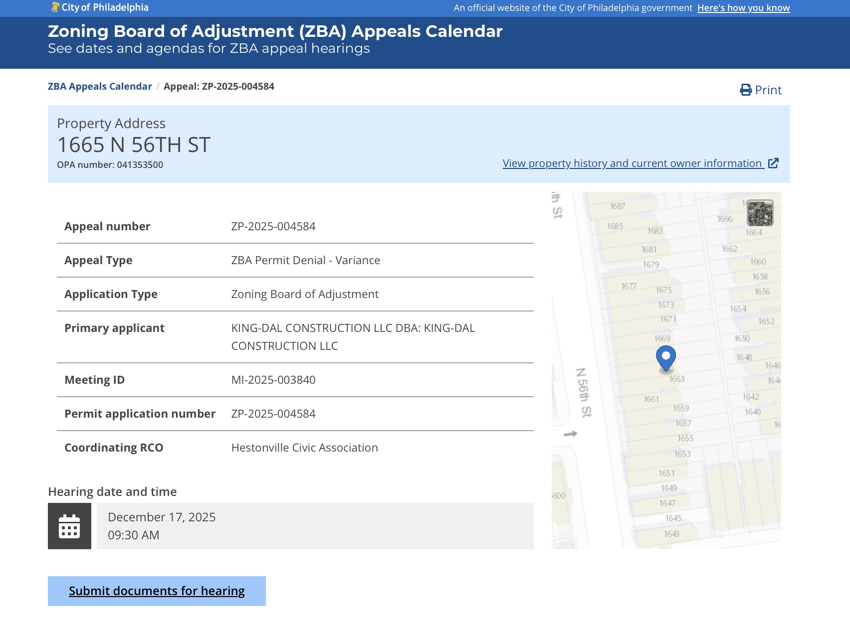 ZBA Hearing – 1665 N. 56th Street