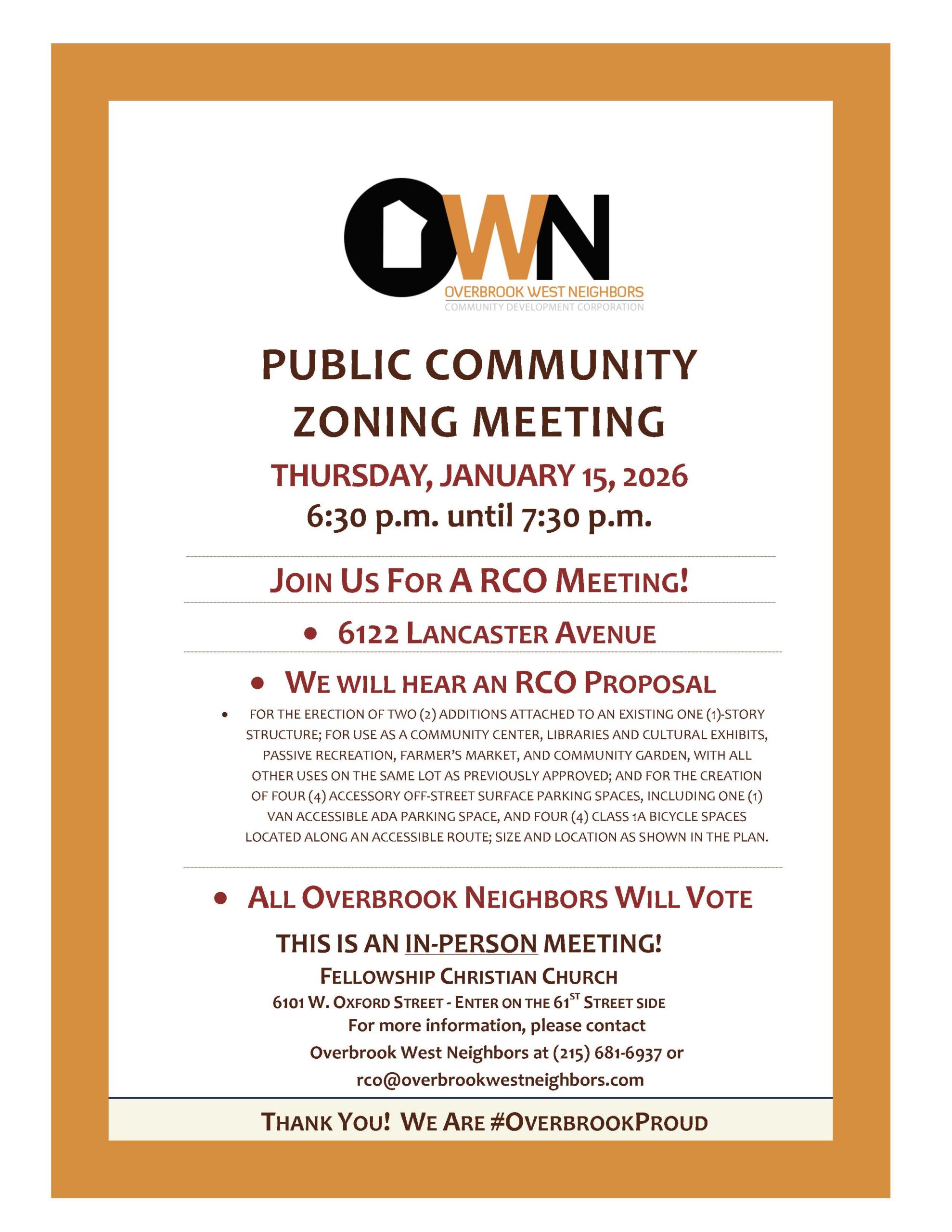RCO Public Community Zoning Meeting – 6122 Lancaster Avenue